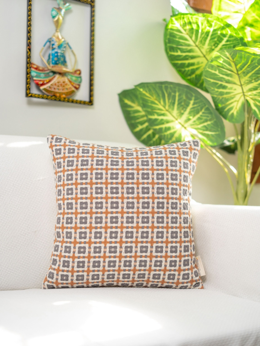 Home Prides White Checked Polyester Silk Breathable Square Cushion Cover -16x16In