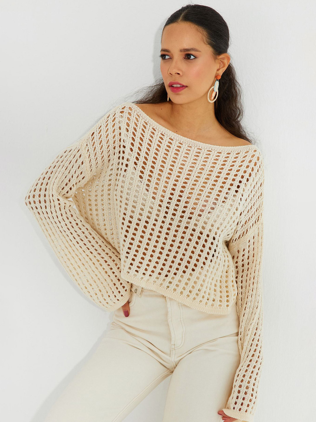 Cool & Sexy Women Ekru Self Design Top