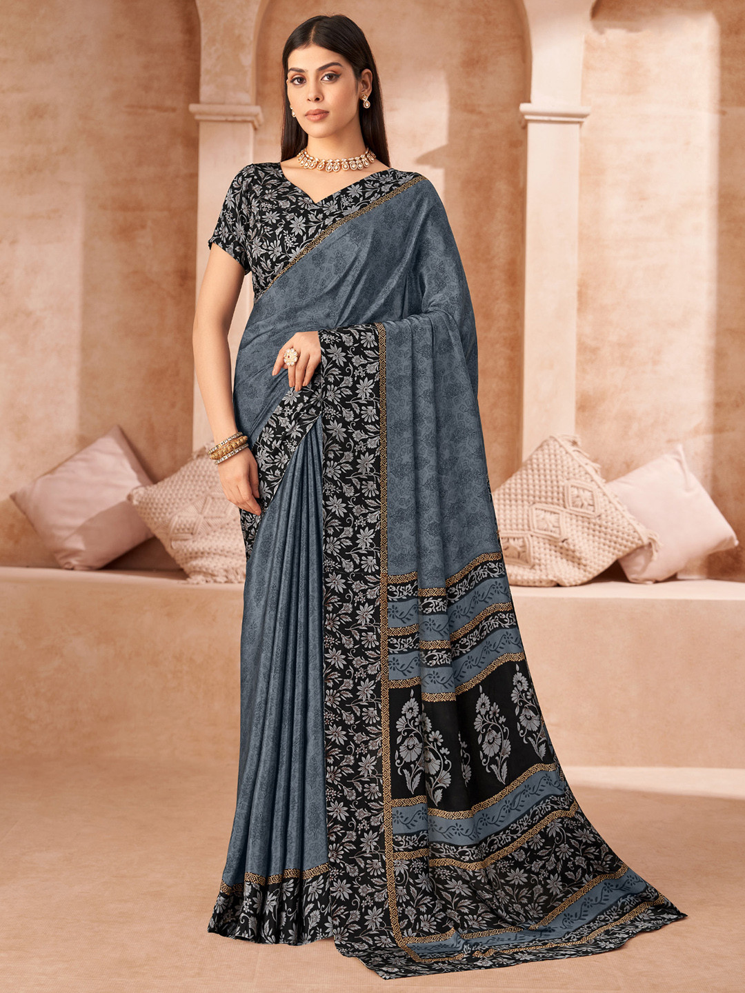 KALINI Charcoal Grey Crepe  Printed Daily Wear Saree