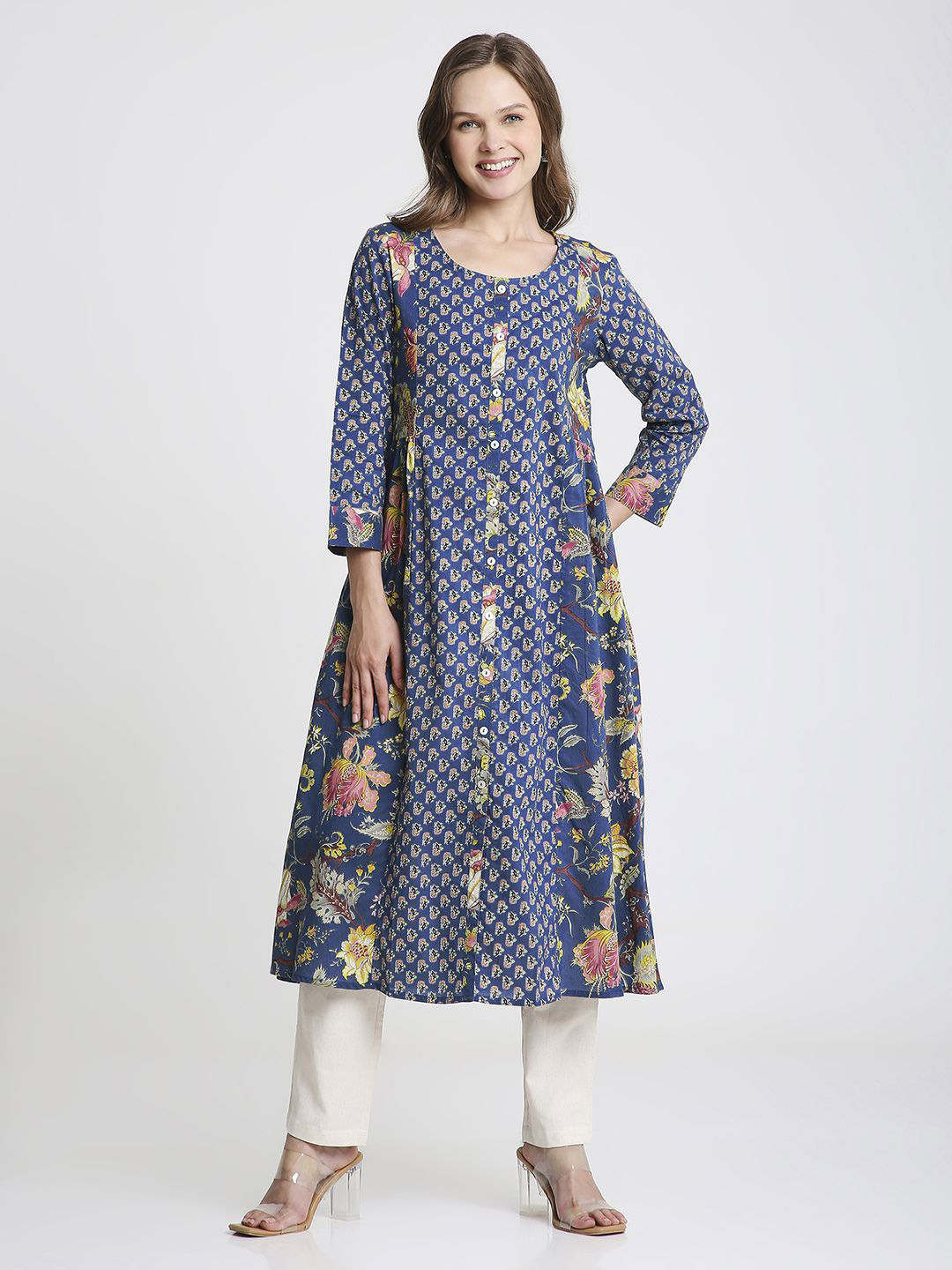 Saffron Threads Women Floral Printed Screen Print Daily Cotton A-Line Kurta