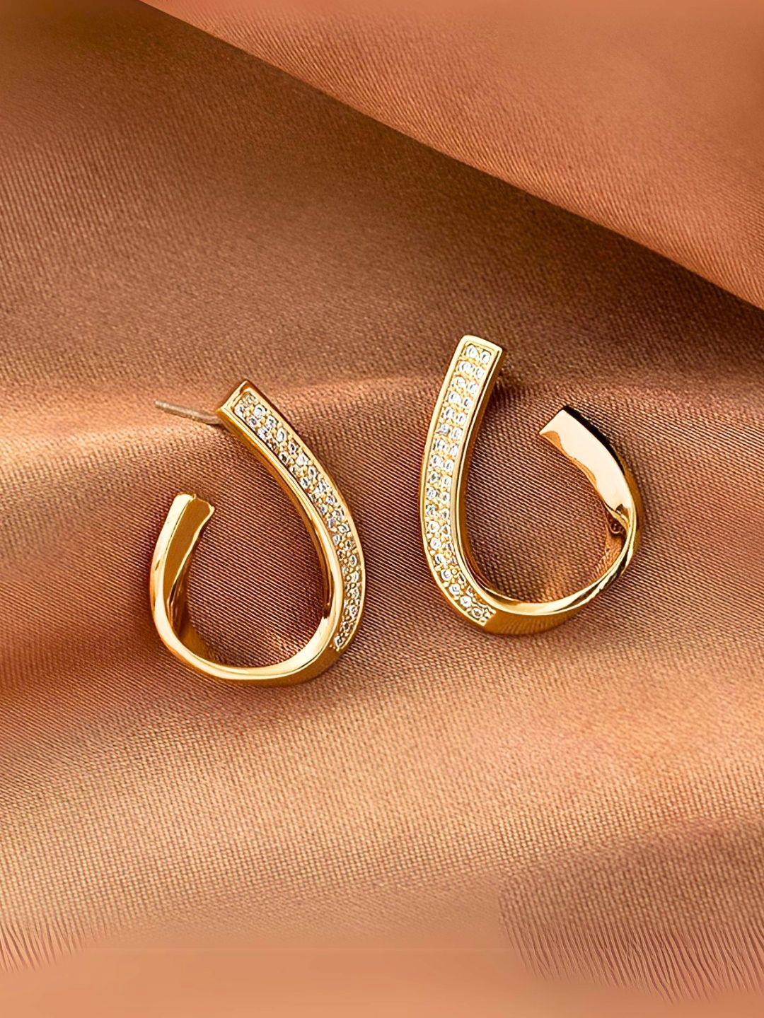 COOLWOOL Gold-Plated Artificial Stones Studded Contemporary Half Hoop Earrings