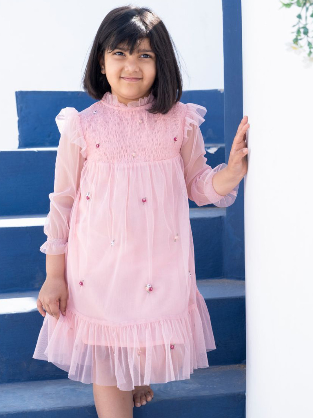 Sangria Girls Floral Embroidered A-Line Tulle Dress