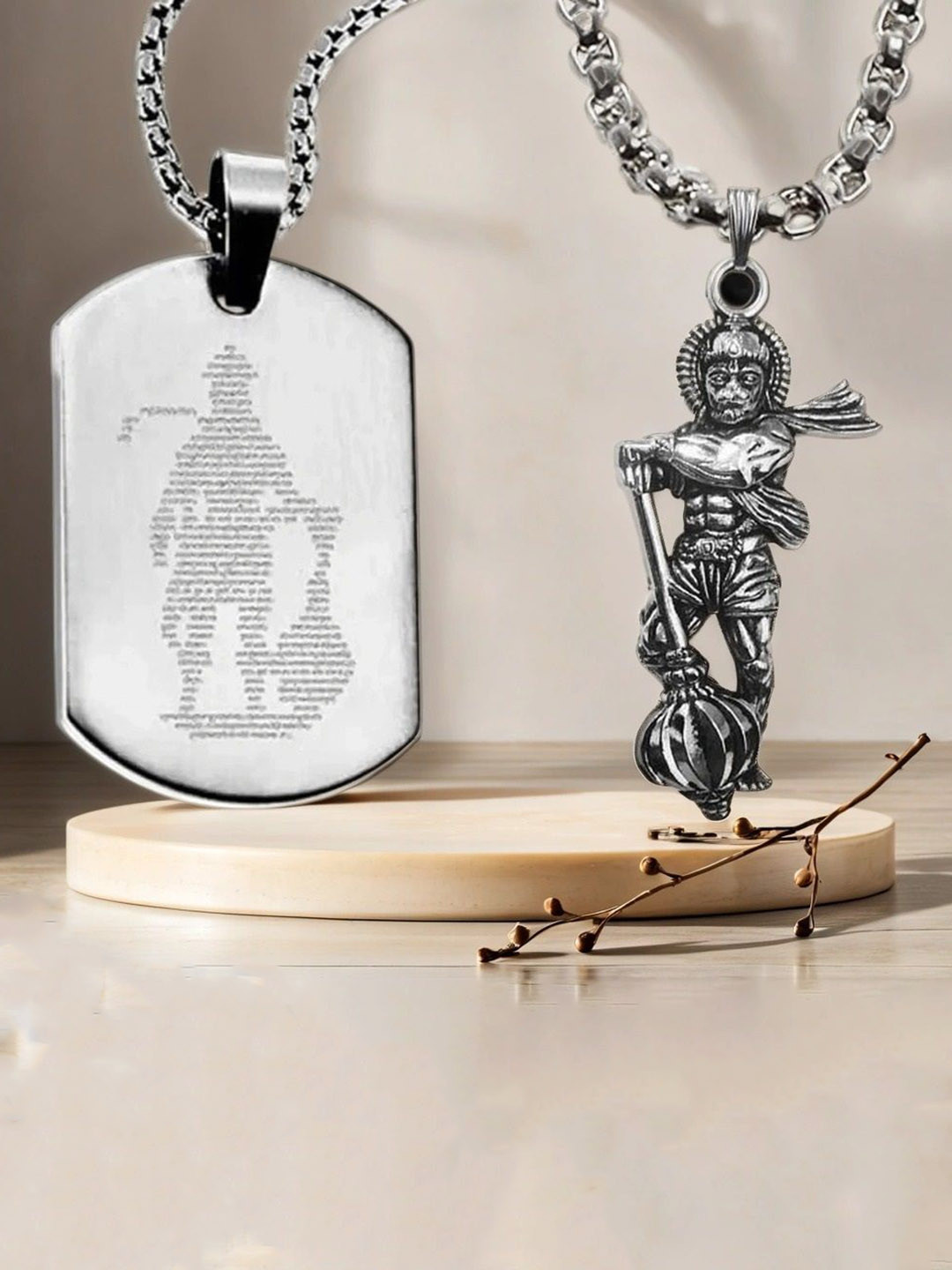 Uniqon Set Of 2 Micro-Carved Standing Hanuman Chalisa Gada Plate Pendants with Chains