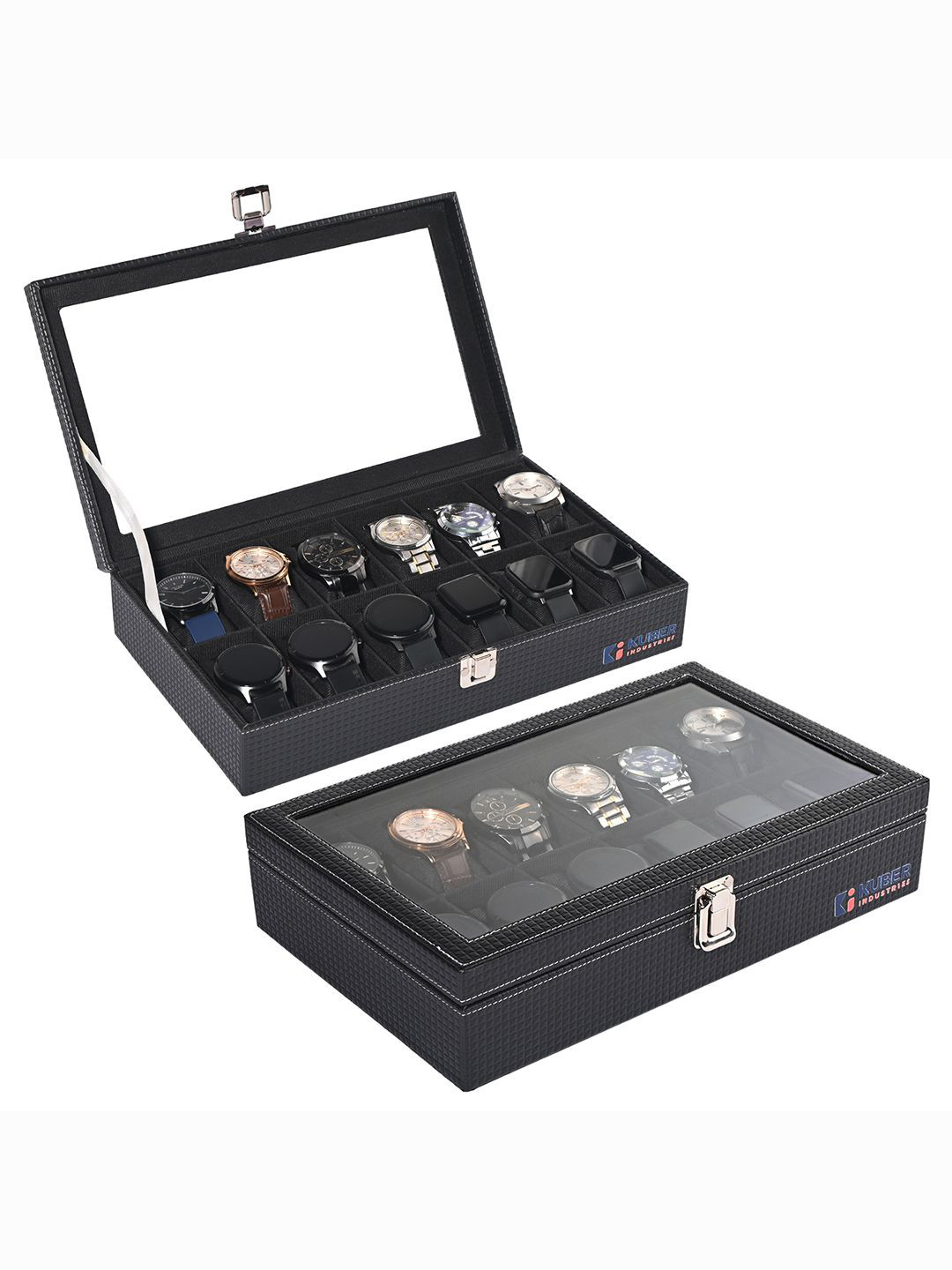 Kuber Industries 2-Pcs Black & Brown 12 Slots Wrist Watch Organiser