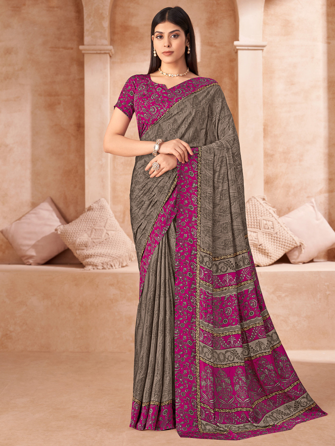 KALINI Brown Crepe  Printed Daily Wear Saree
