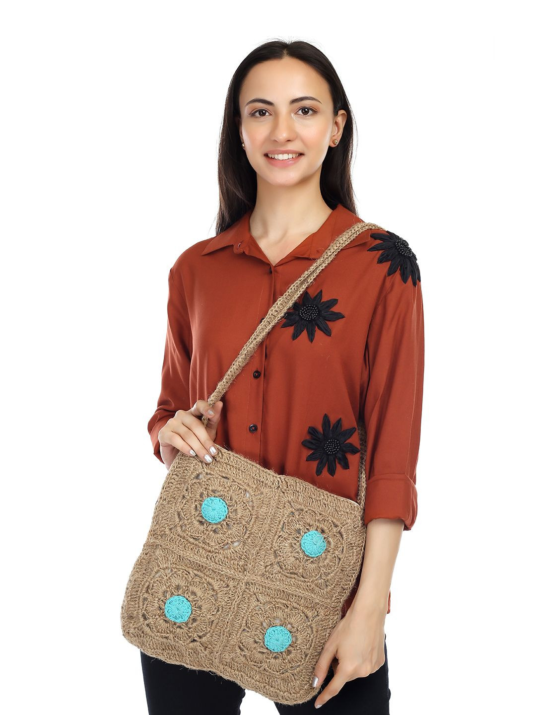 ITIHASIKALA Textured Square Crochet Structured Sling Bag with Applique