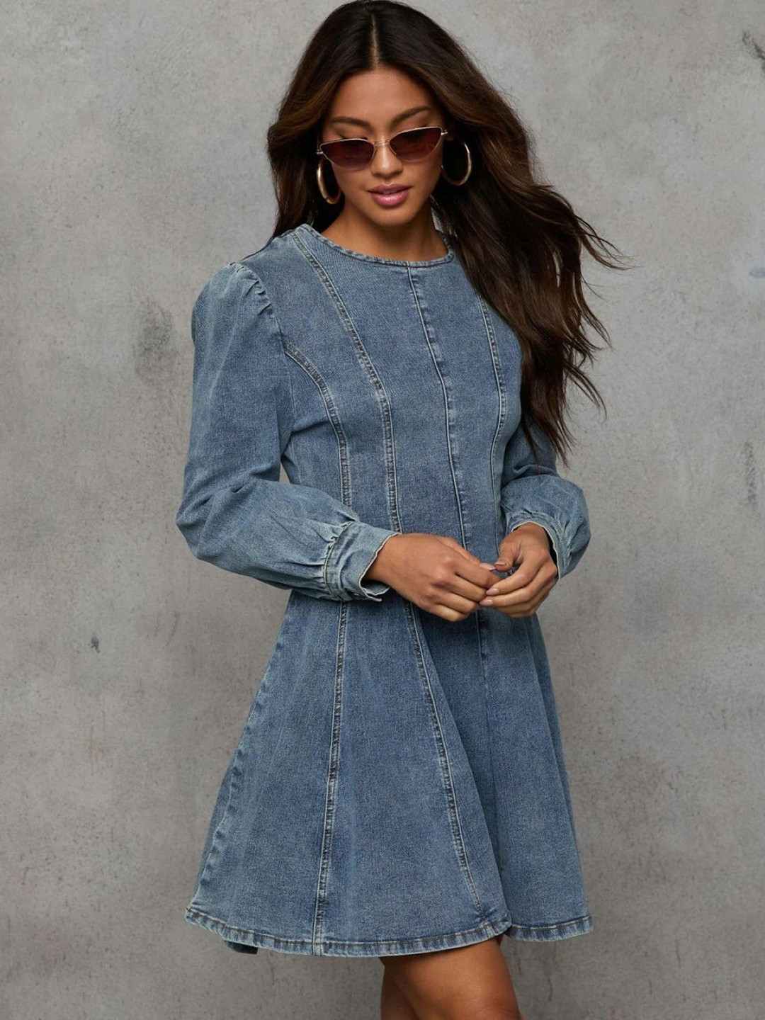 bebe Denim Round Neck Long Sleeve Puff Shoulder A-Line Mini Dress