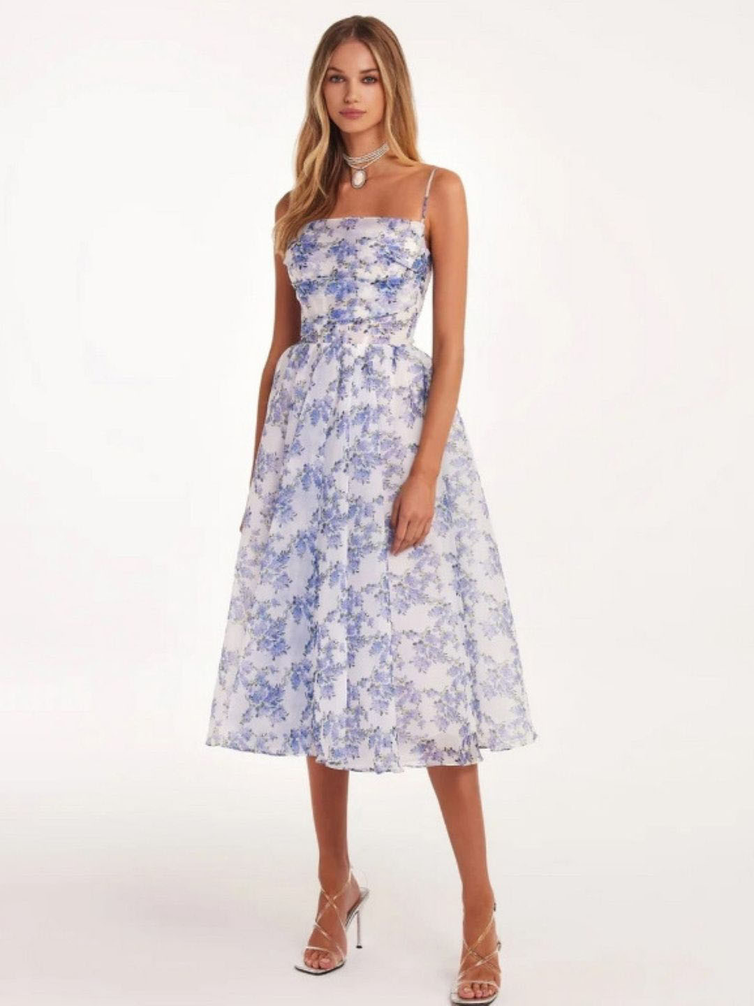 bebe Floral Print Spaghetti Strap Lace-Up Back Fit & Flare Midi Dress