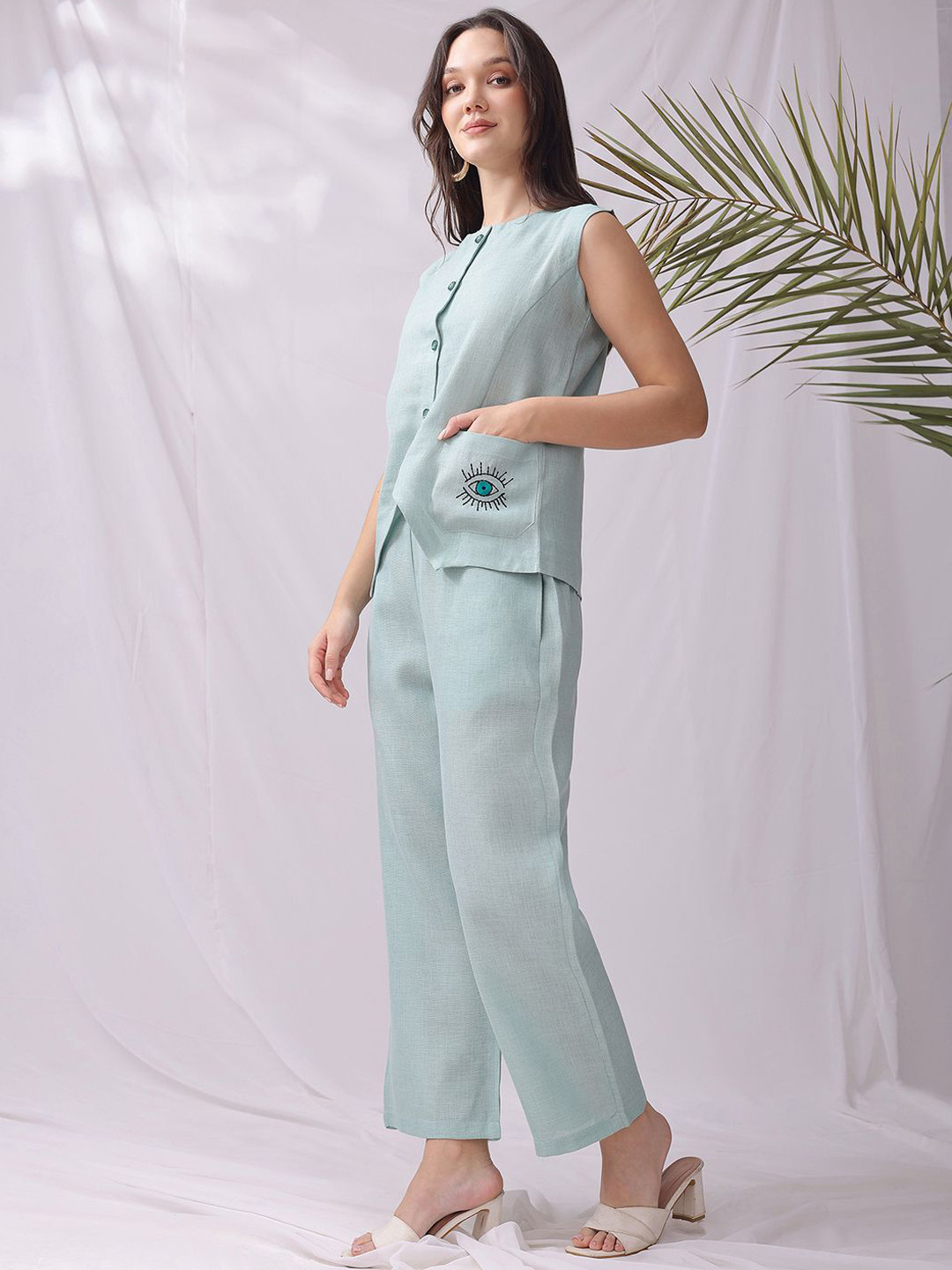 BEYOND ETHNIC Linen Boat Neck Top With Trousers Co-Ords