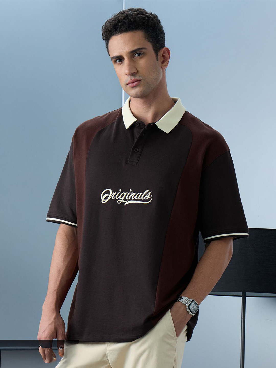 The Souled Store Cocoa Oversized Colourblocked Polo Collar Pure Cotton T-Shirt