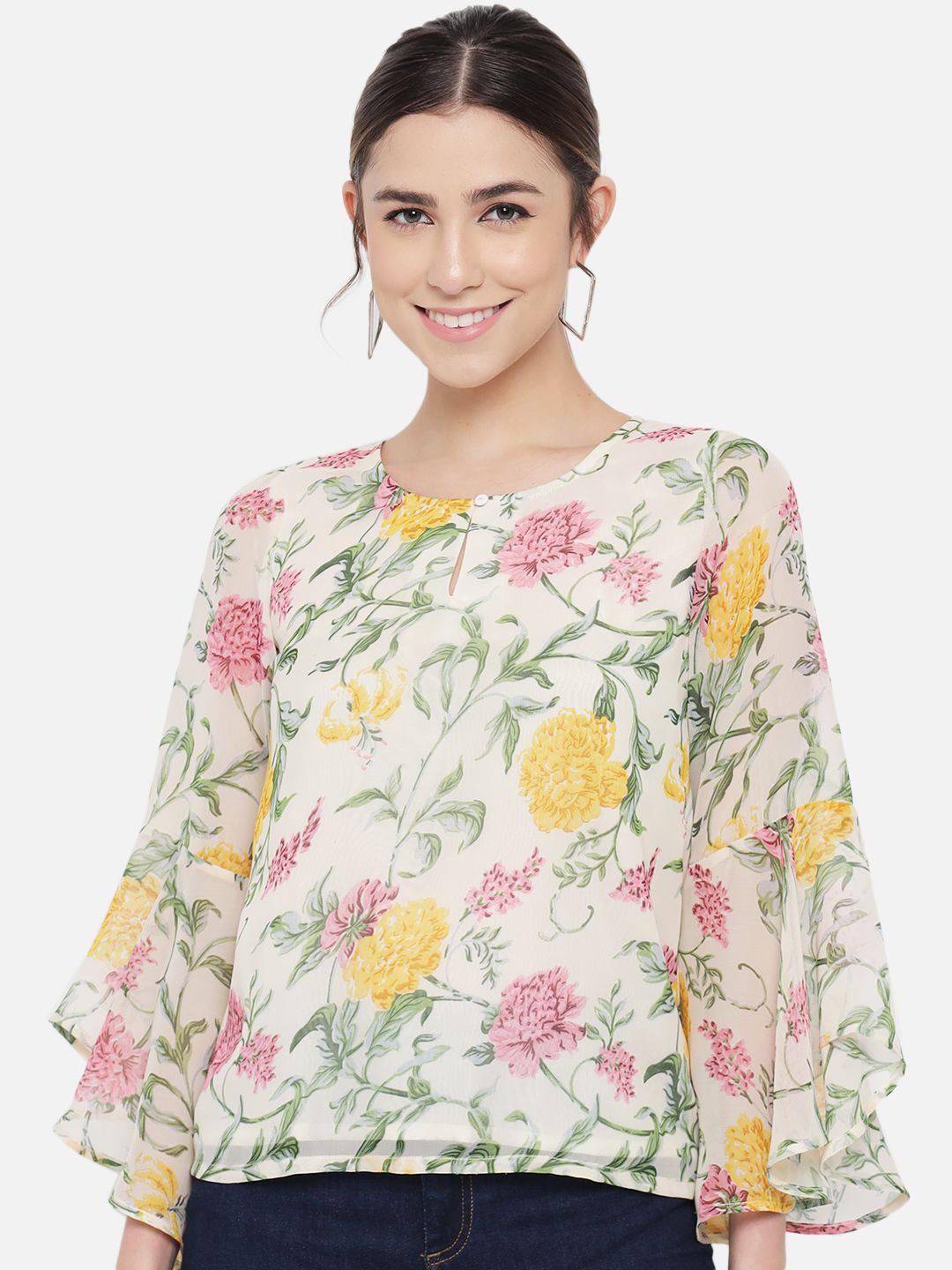 OTIRA Floral Print Keyhole Neck Bell Sleeve Georgette Top