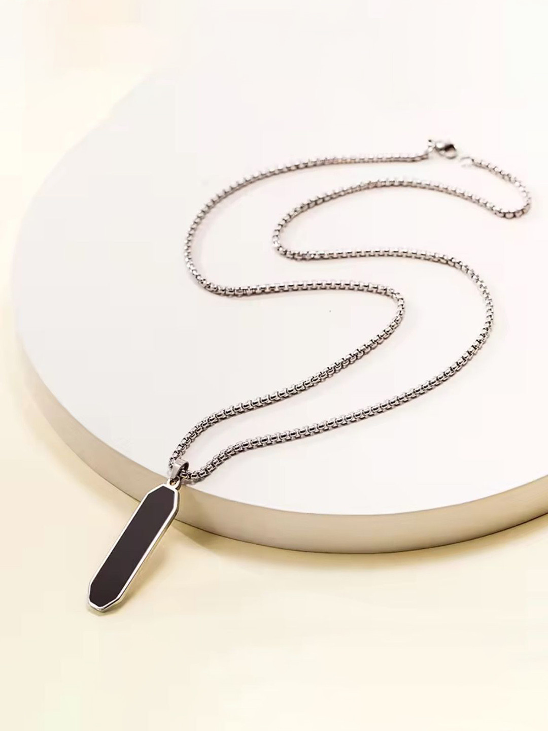 Nitant Men Silver-Plated Glass Cut Rectangular Pendant with Chain