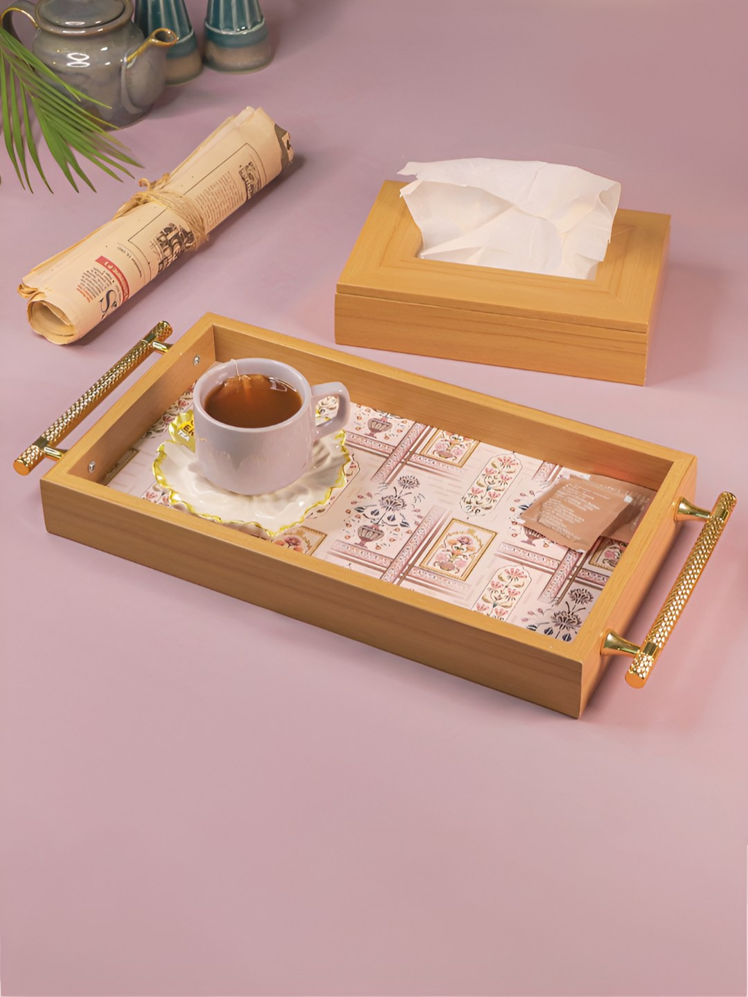 Art Street Beige Printed MDF Easy To Clean Serving Tray & Tissue Holder