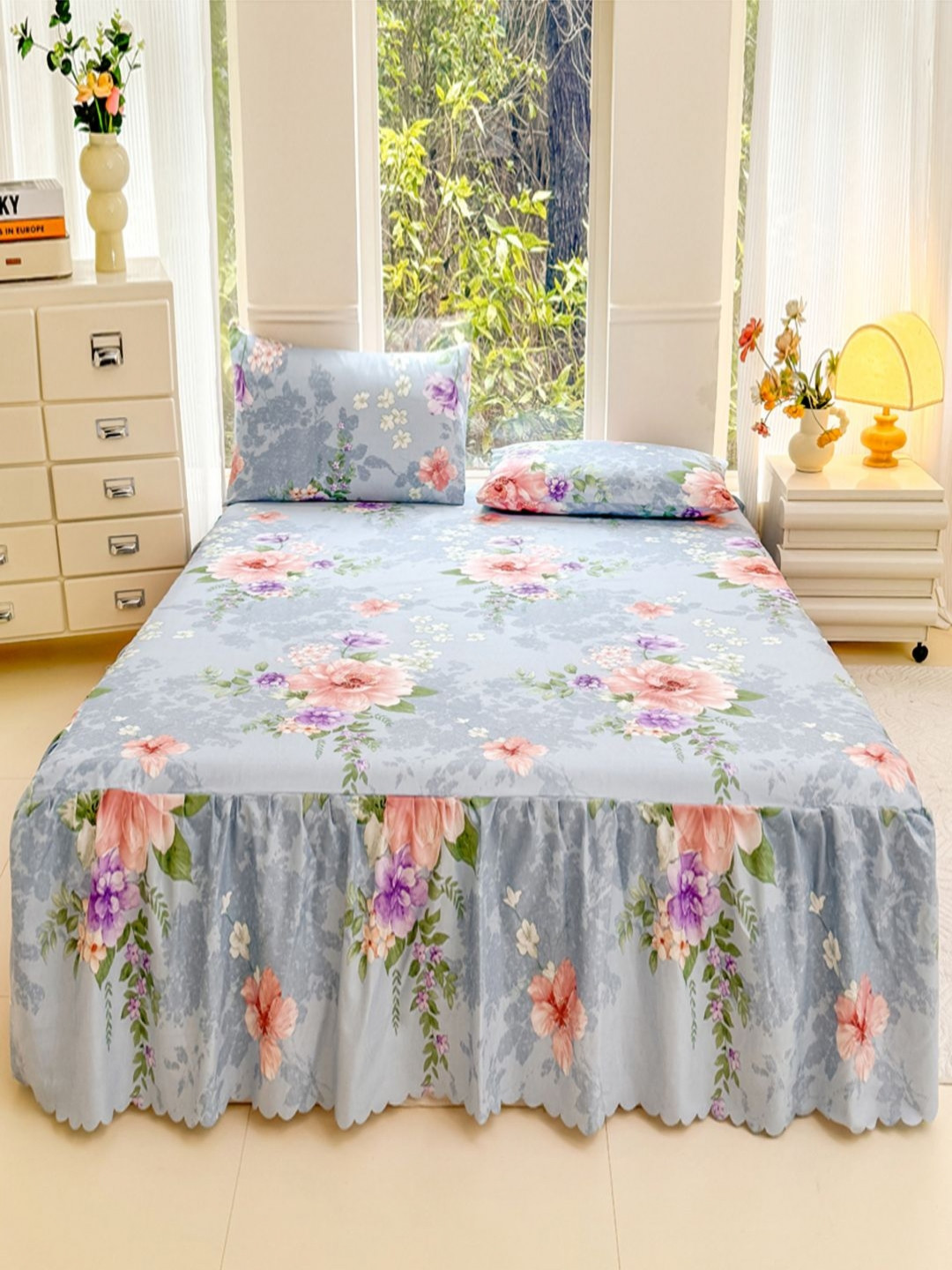 JC HOME Blue Floral Polycotton 140 TC Fitted Double Bedsheet with a Pillow Cover-48 x 74 inches