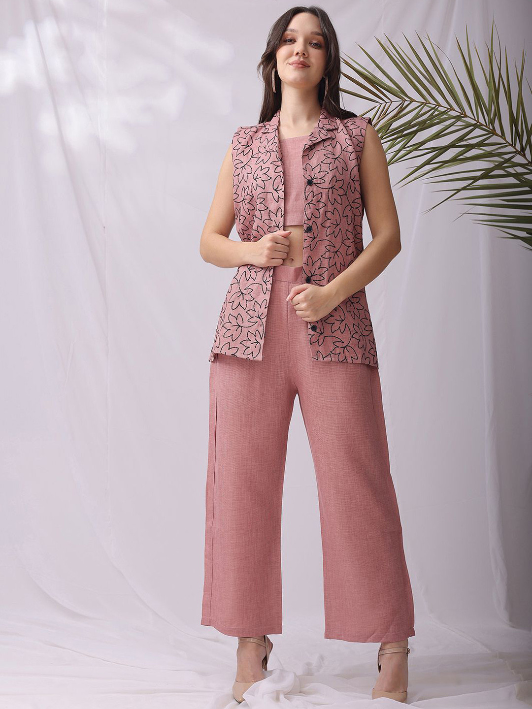 BEYOND ETHNIC Embroidered Linen Top Jacket With Trousers Co-Ords