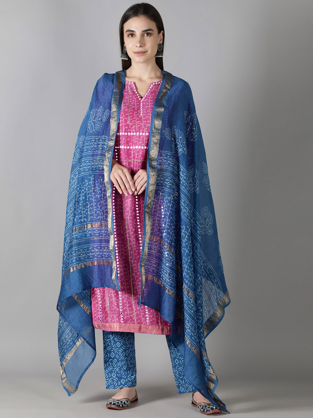 Sheeshakari Floral Printed Mirror Work Pure Silk Kurta With Trousers & Dupatta
