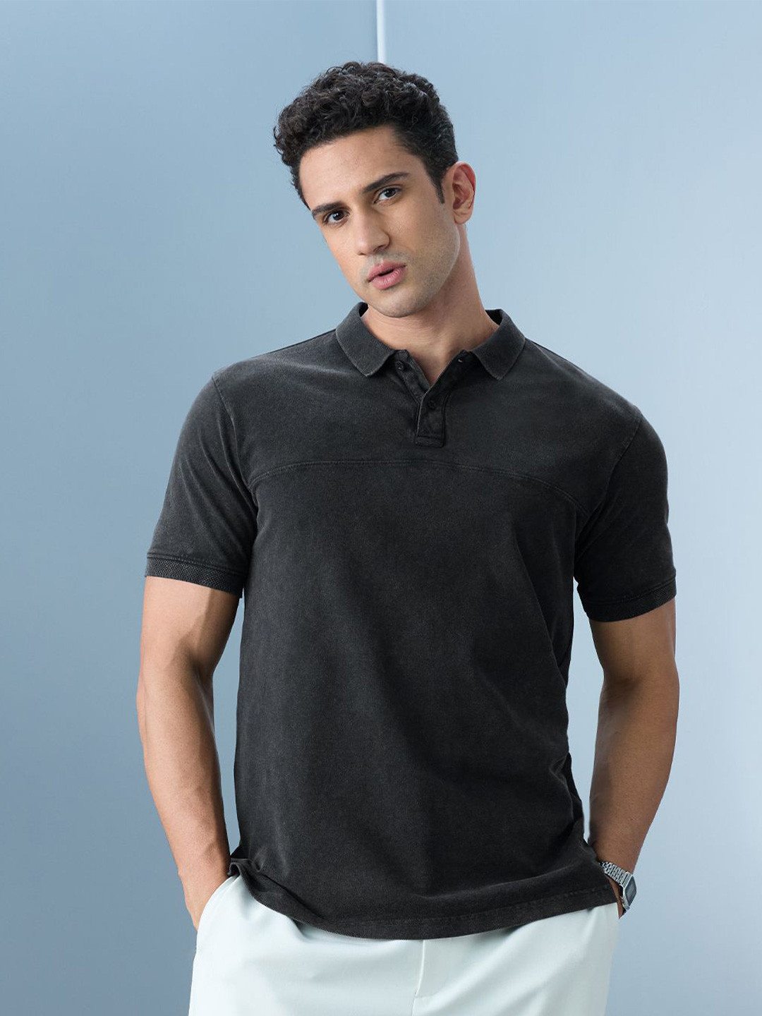 The Souled Store Vintage Wash Polo Collar Pure Cotton T-Shirt