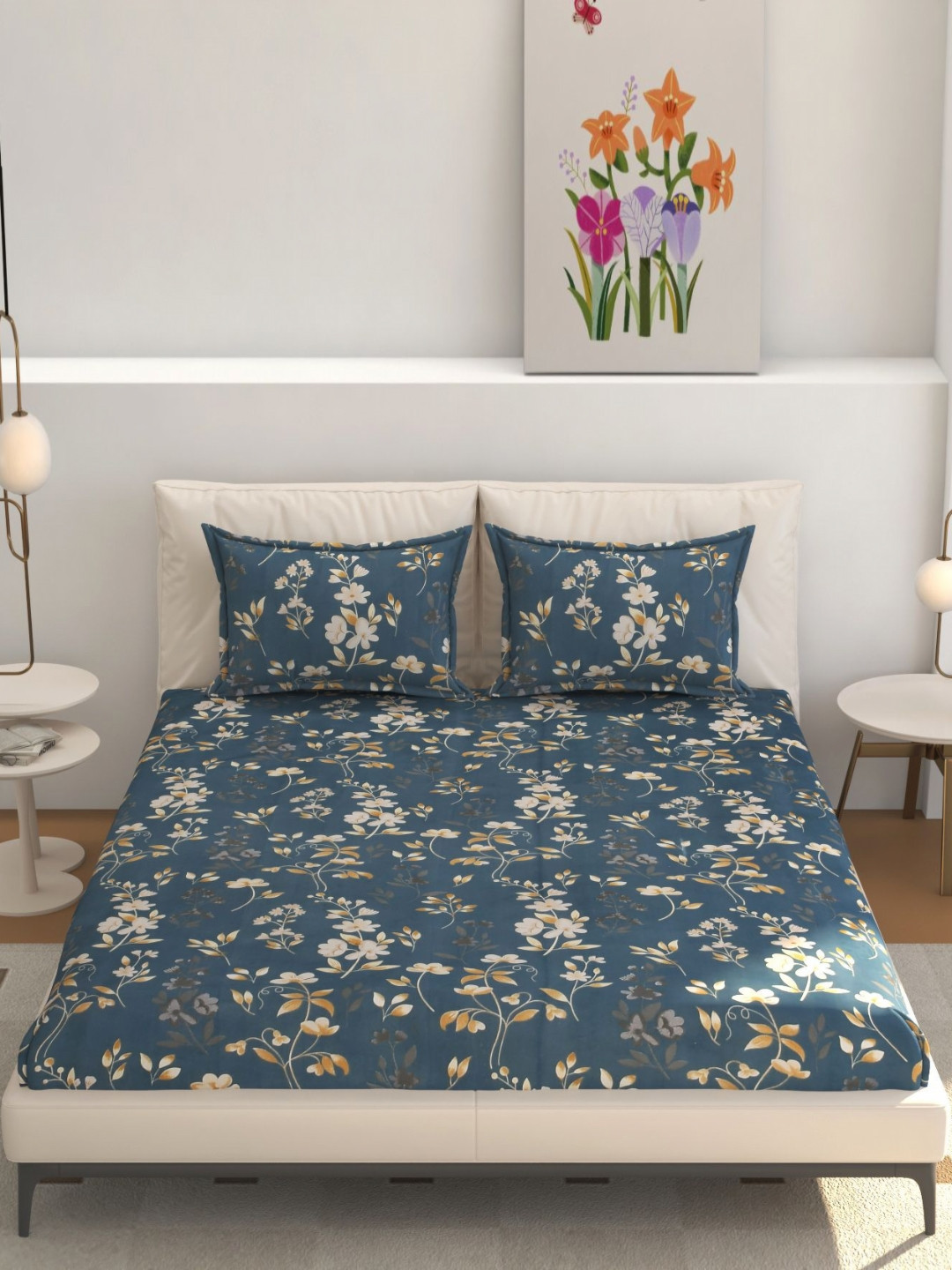 MOGNE FAB Blue Floral Cotton 210 TC Fitted King Bedsheet with 2 Pillow Covers-228 x 254 cm
