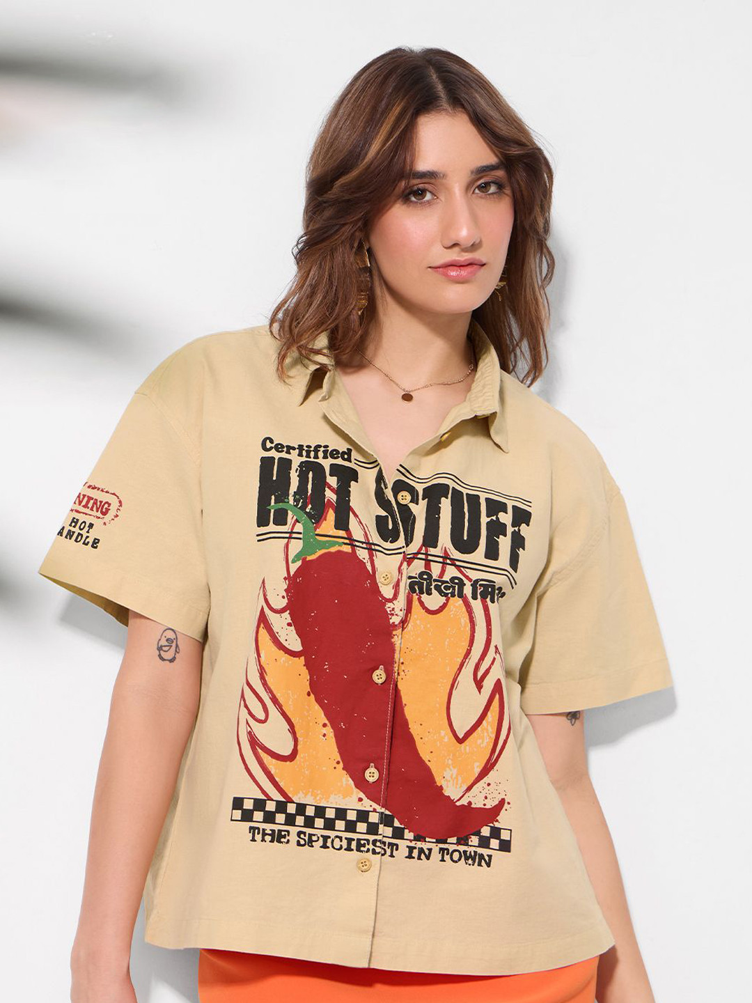 The Souled Store Oversized Teekhi Mirchi Graphic Printed Cotton Linen Shirt
