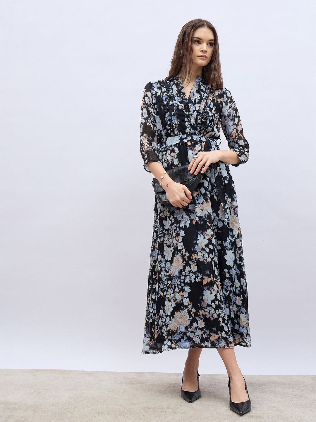Styli Women Textured Floral Print Ruffled A-Line Maxi Dress with Frill Detail & Belt