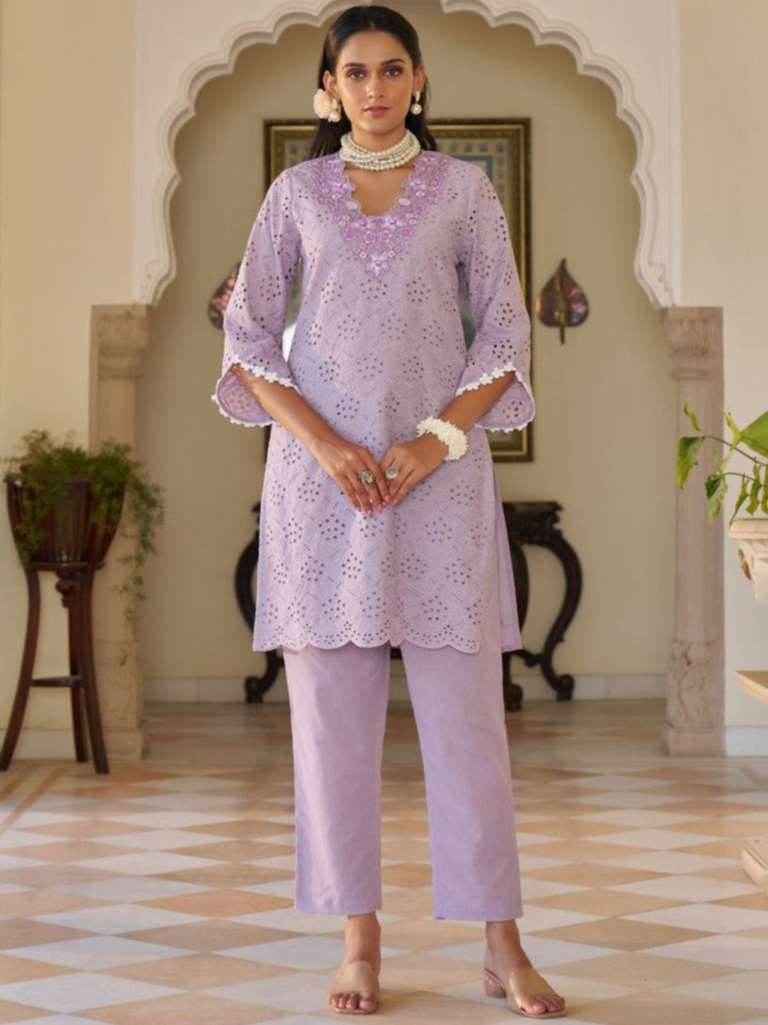 AUTUMN LANE Anumeha Lily Floral Self Design Schiffli Pure Cotton Kurta & Trouser