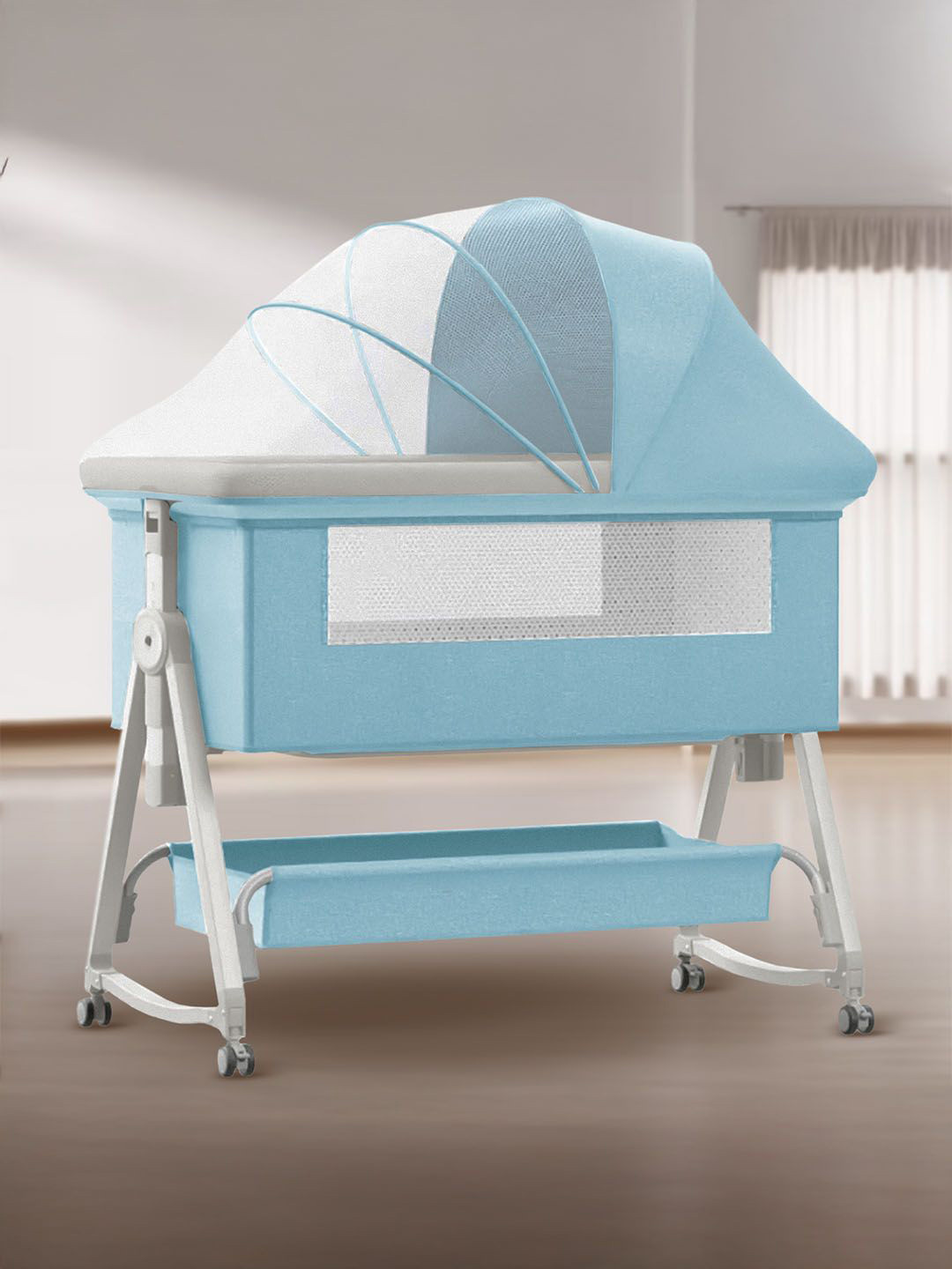 StarAndDaisy Blue 3-in-1 Baby Cradle With Locking Wheels Bedside