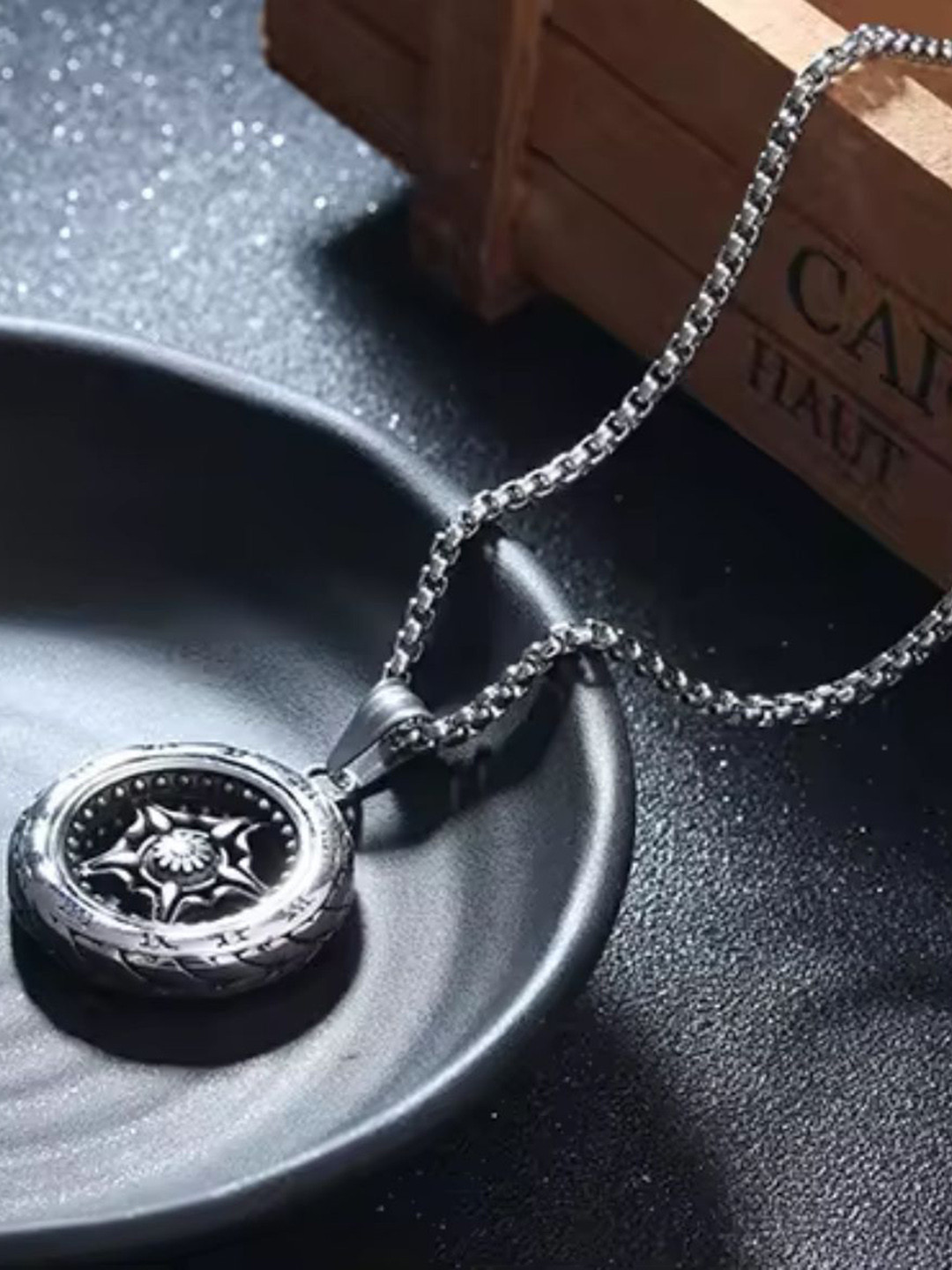 Nitant Men Silver-Plated Round Wheel Inspired Pendant with Chain