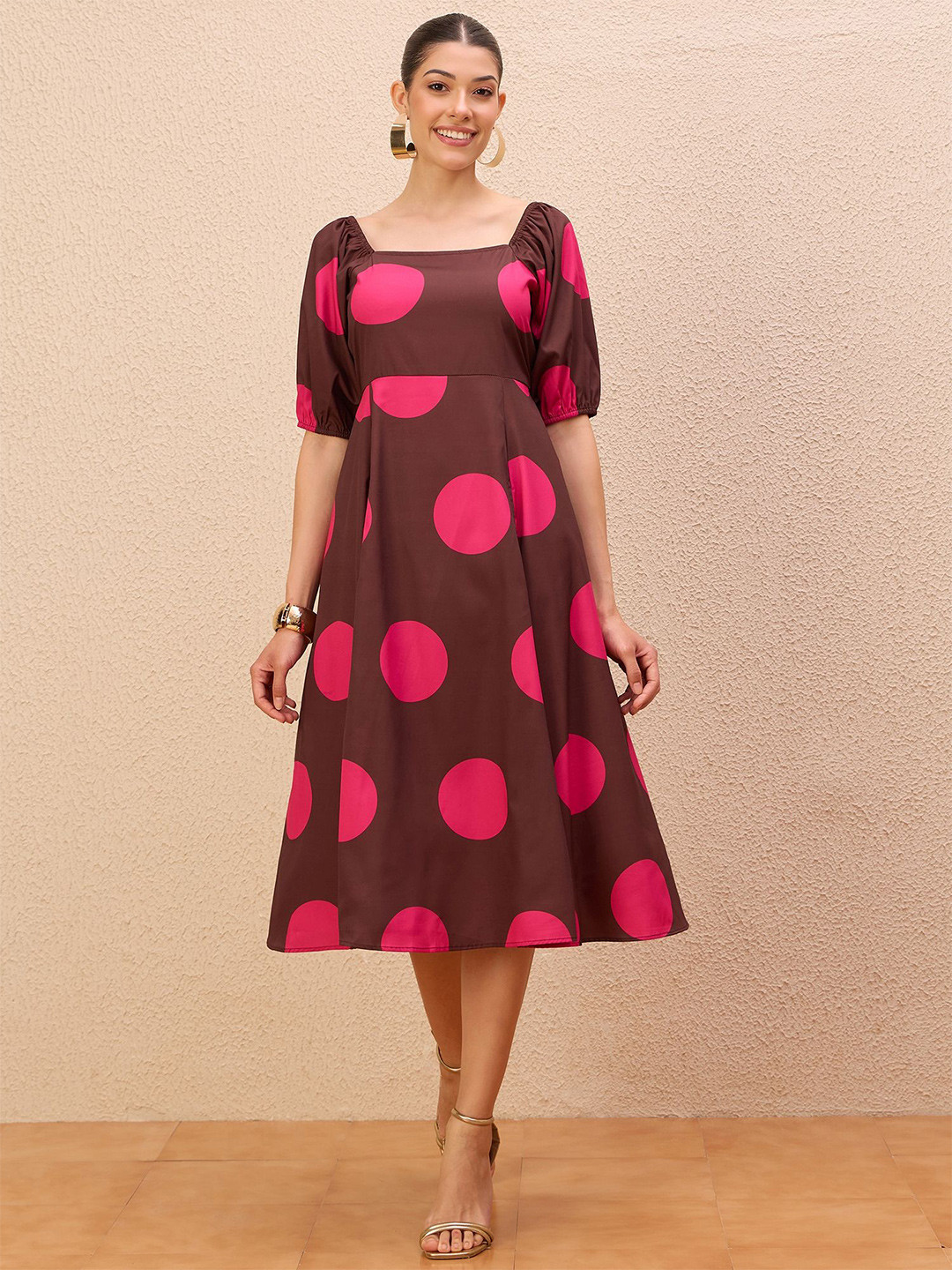 Antheaa Women Polka Dot Printed Puff Sleeve Fit & Flare Dress