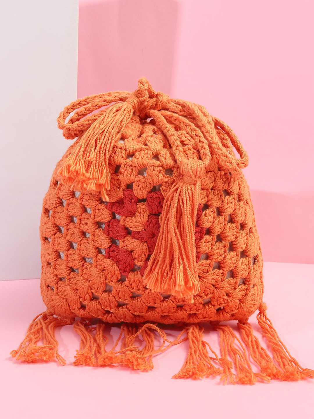 ITIHASIKALA Textured Cotton Jaali Crochet Potli Clutch