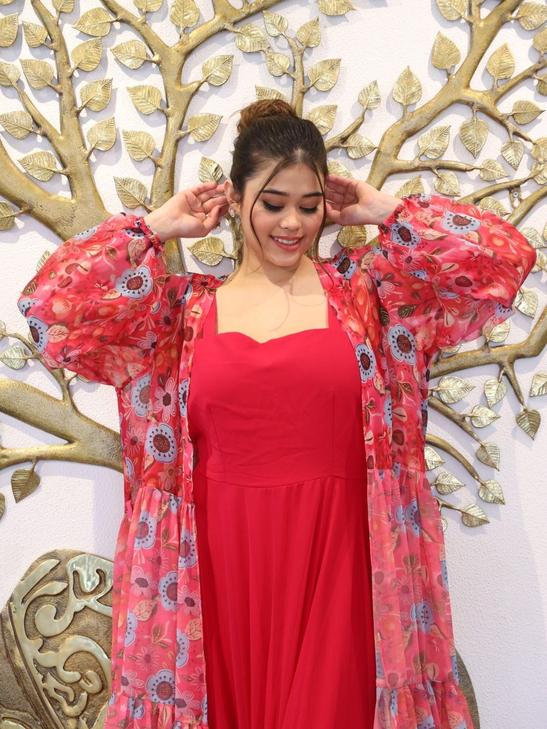 Swadeshi Shringaar Women Tangy Tomoto Dress With Printed Shrug