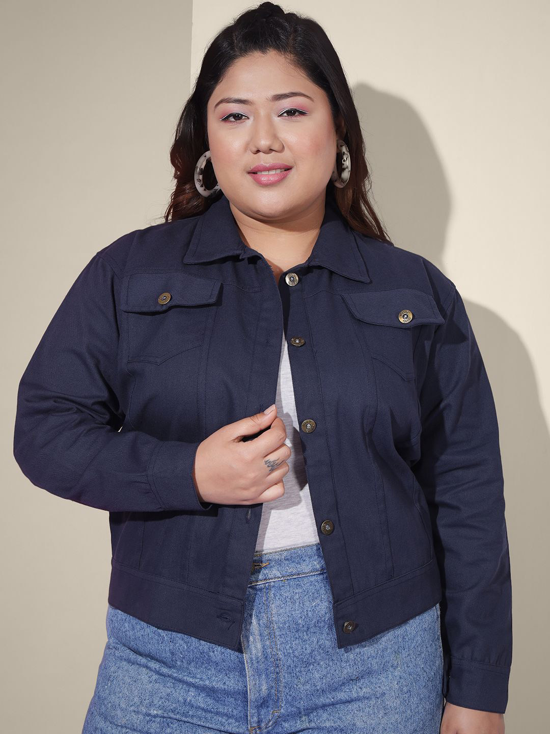 QIOA Plus Size Lightweight Denim Jacket