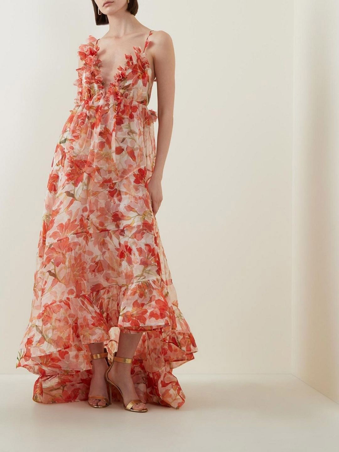 bebe Floral Print Shoulder Strap High-Low Maxi Dress with Ruffle Details.