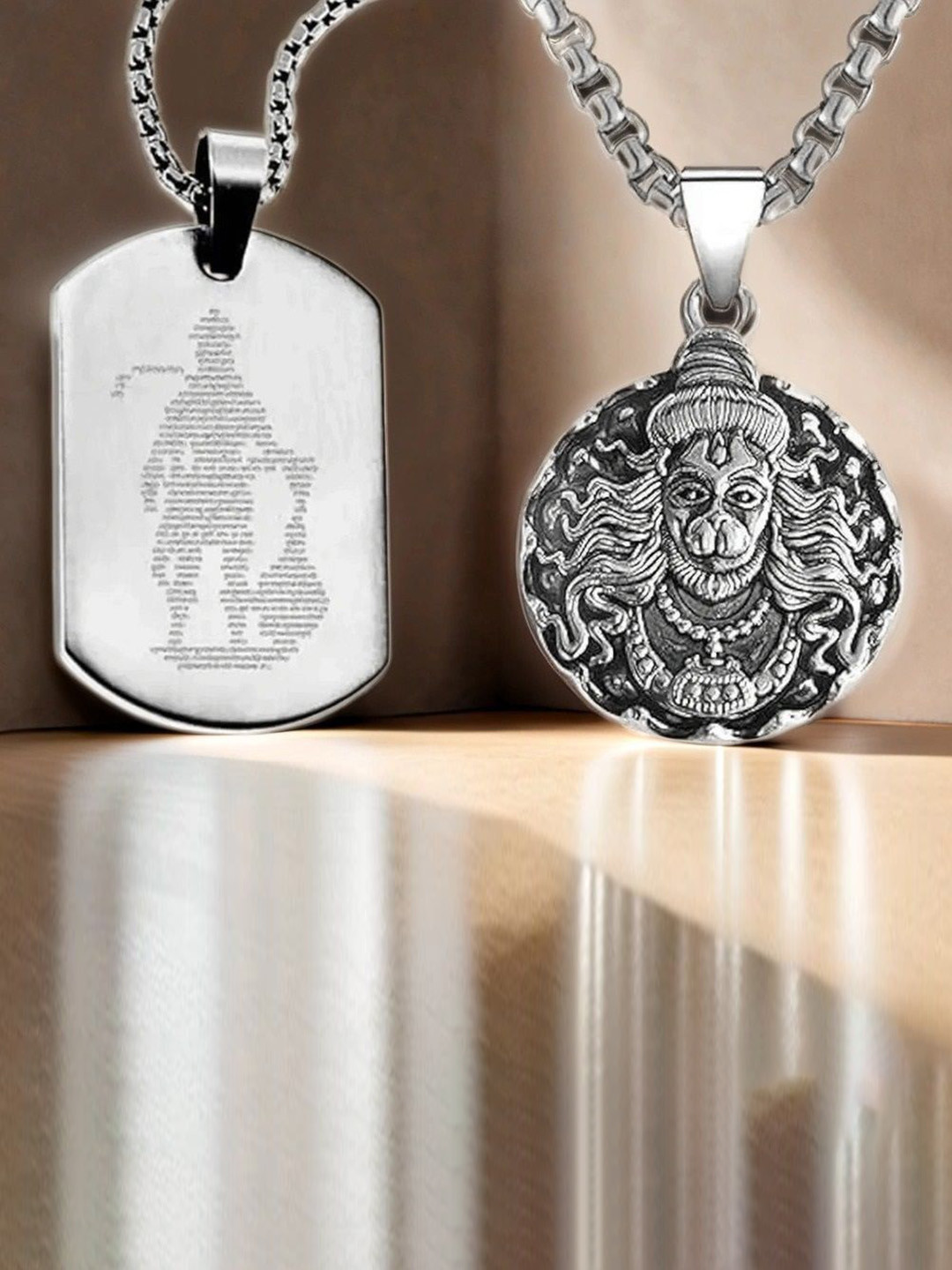 Uniqon Set Of 2 Micro-Carved Hanuman Chalisa Gada Plate & Coin Design Pendants with Chains