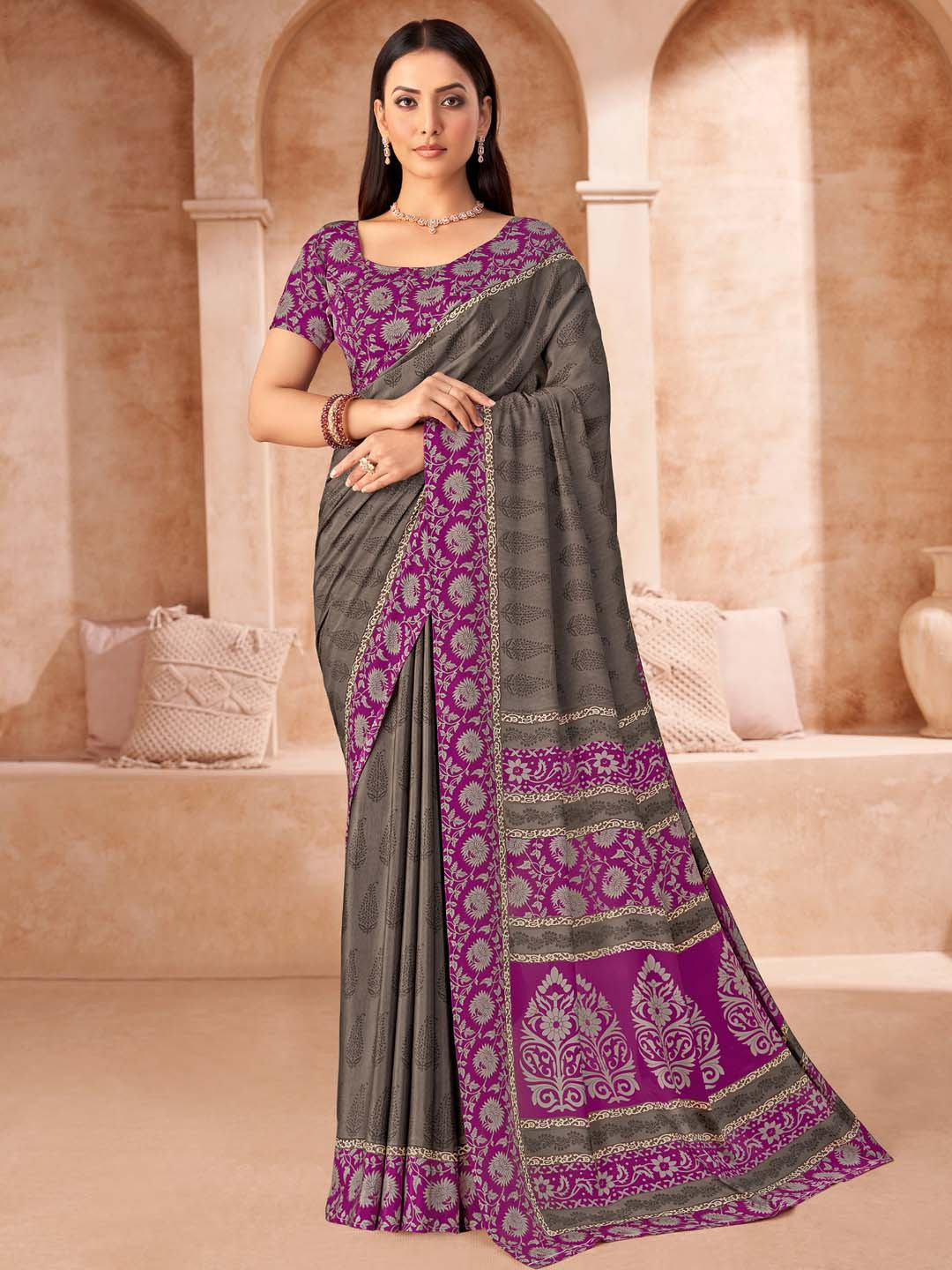 KALINI Grey Crepe  Printed Daily Wear Saree
