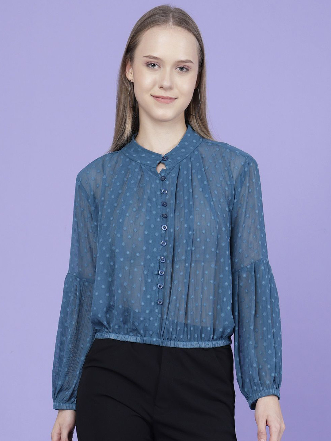 SKIMMER Self Design Mandarin Collar Crepe Crop Top
