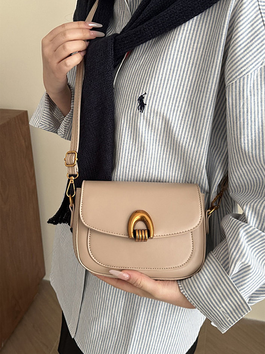 LULU & SKY PU Baguette Flap Front Concealed Lock Sling Bag