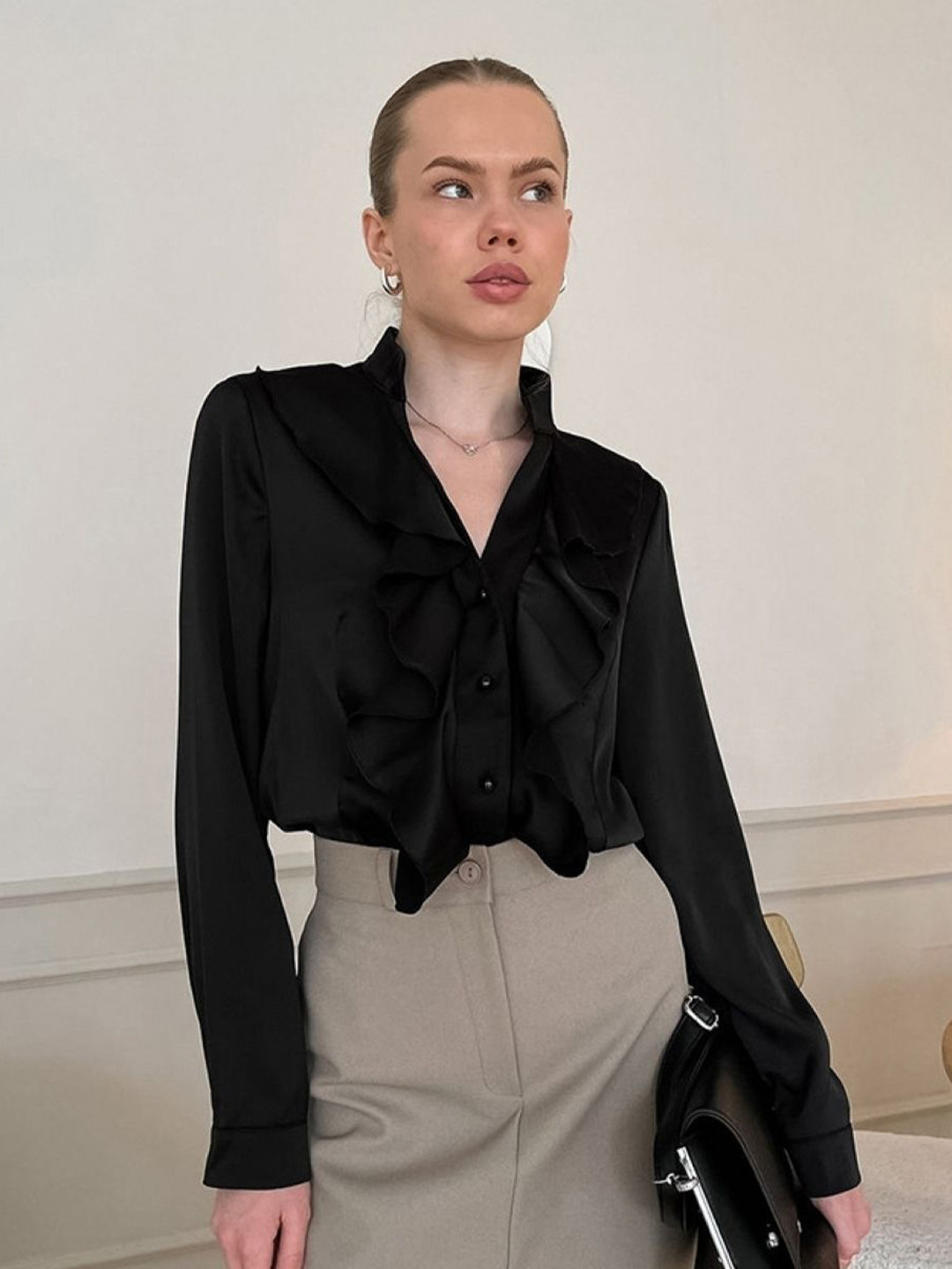 bebe Black Ruffled Stand Collar Long Sleeve Top