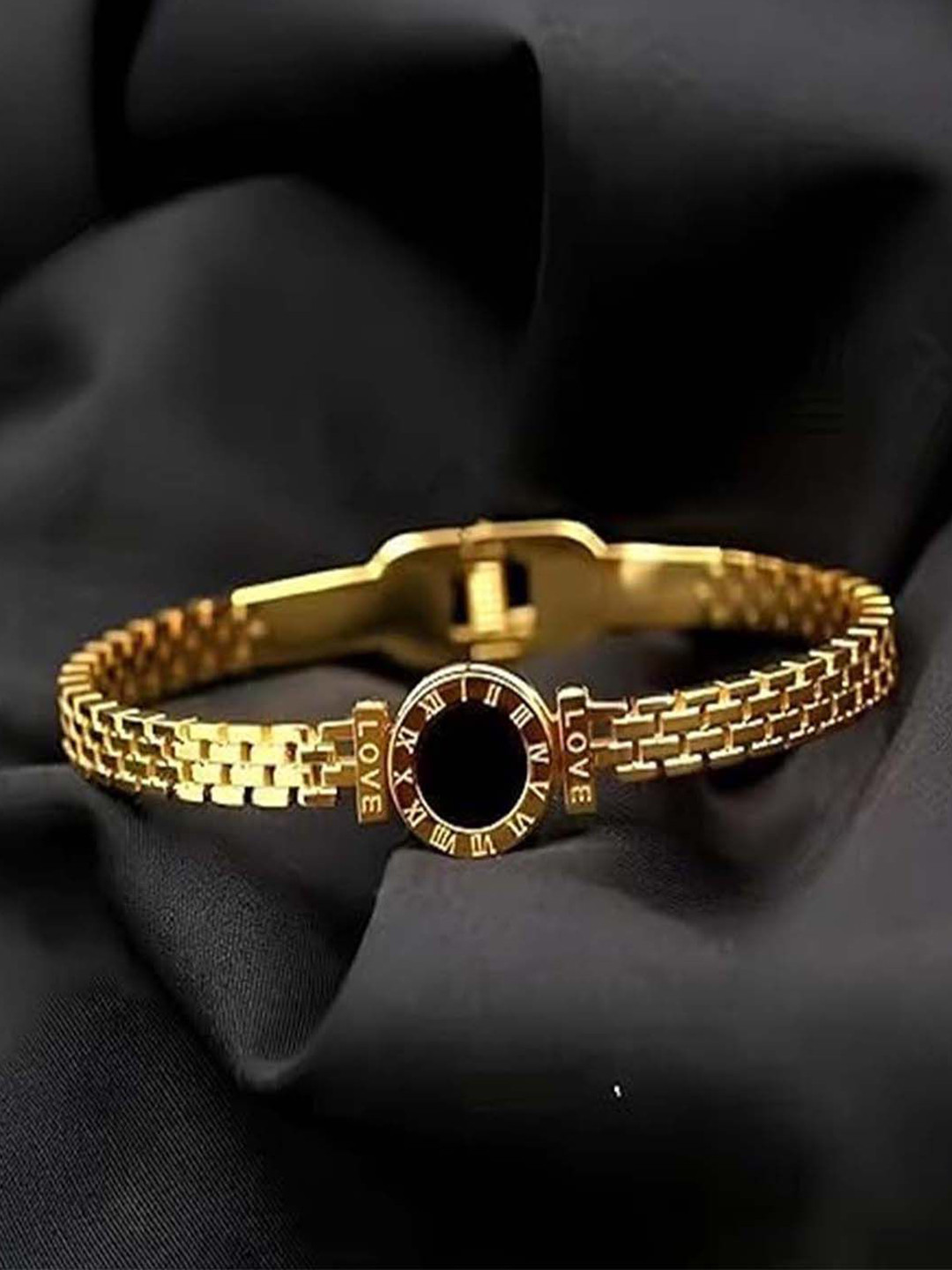 VAMA Gold-Plated Stainless Steel Roman Numerals Bangle-Style Bracelet