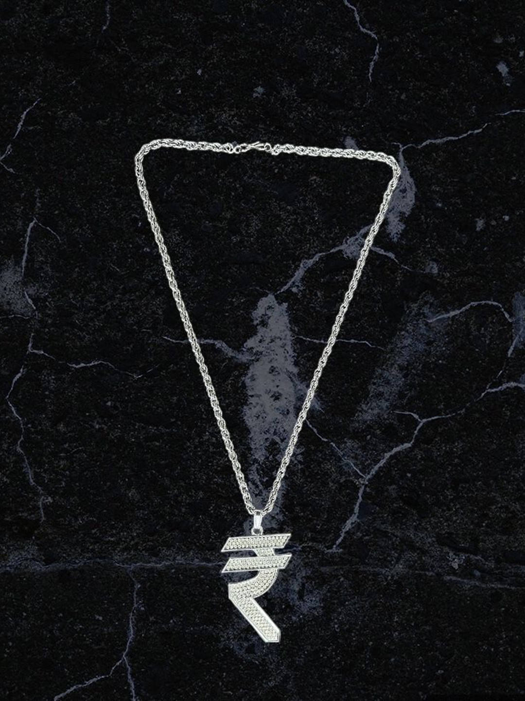 Nitant Men Silver-Plated Stone Studded Contemporary Rupee Pendant with Chain