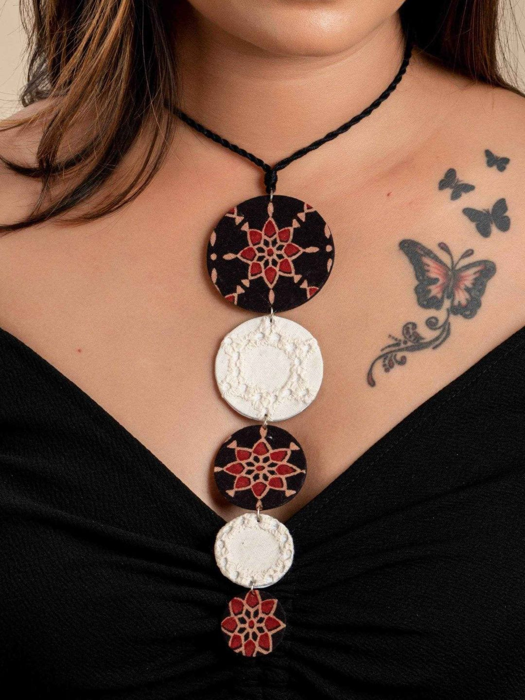 Look and Adorn Brown Black Ajrakh Hakoba Fabric Necklace