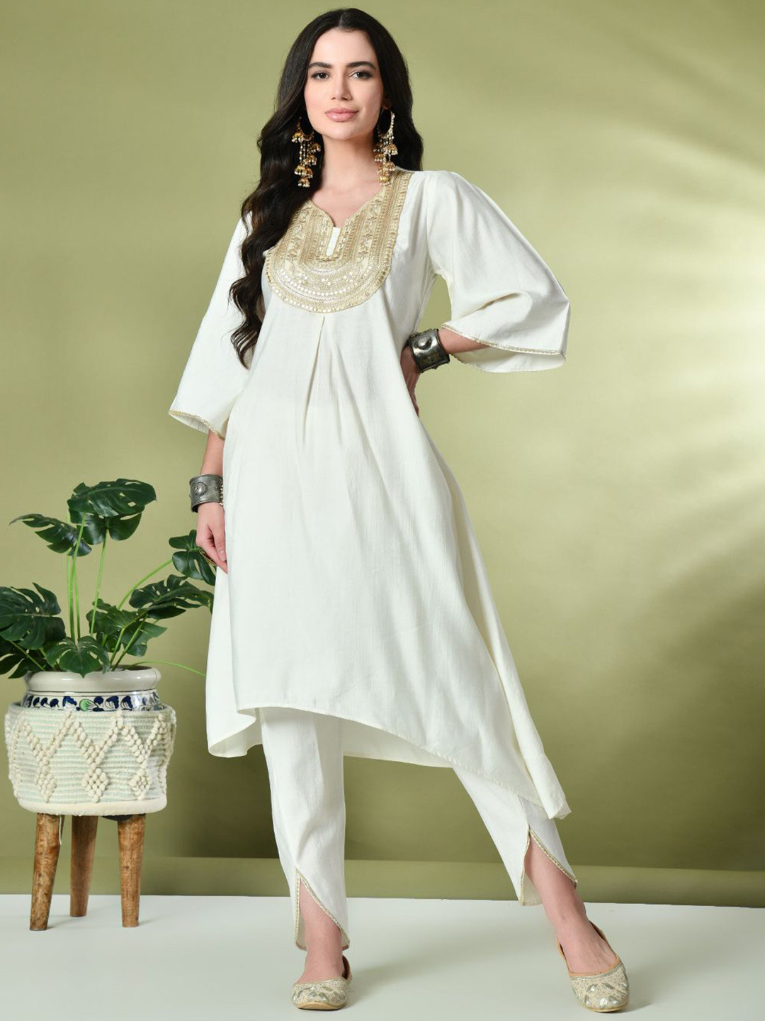 Sangria Sequin Embroidered V-Neck A-Line Kurta With Dhoti Pants & Dupatta