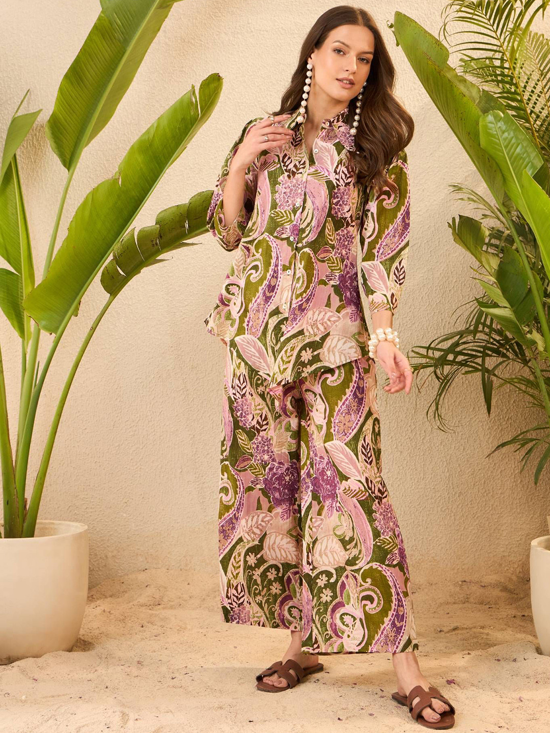 IMANA Printed Collared Neck Top With Trousers Co-Ords