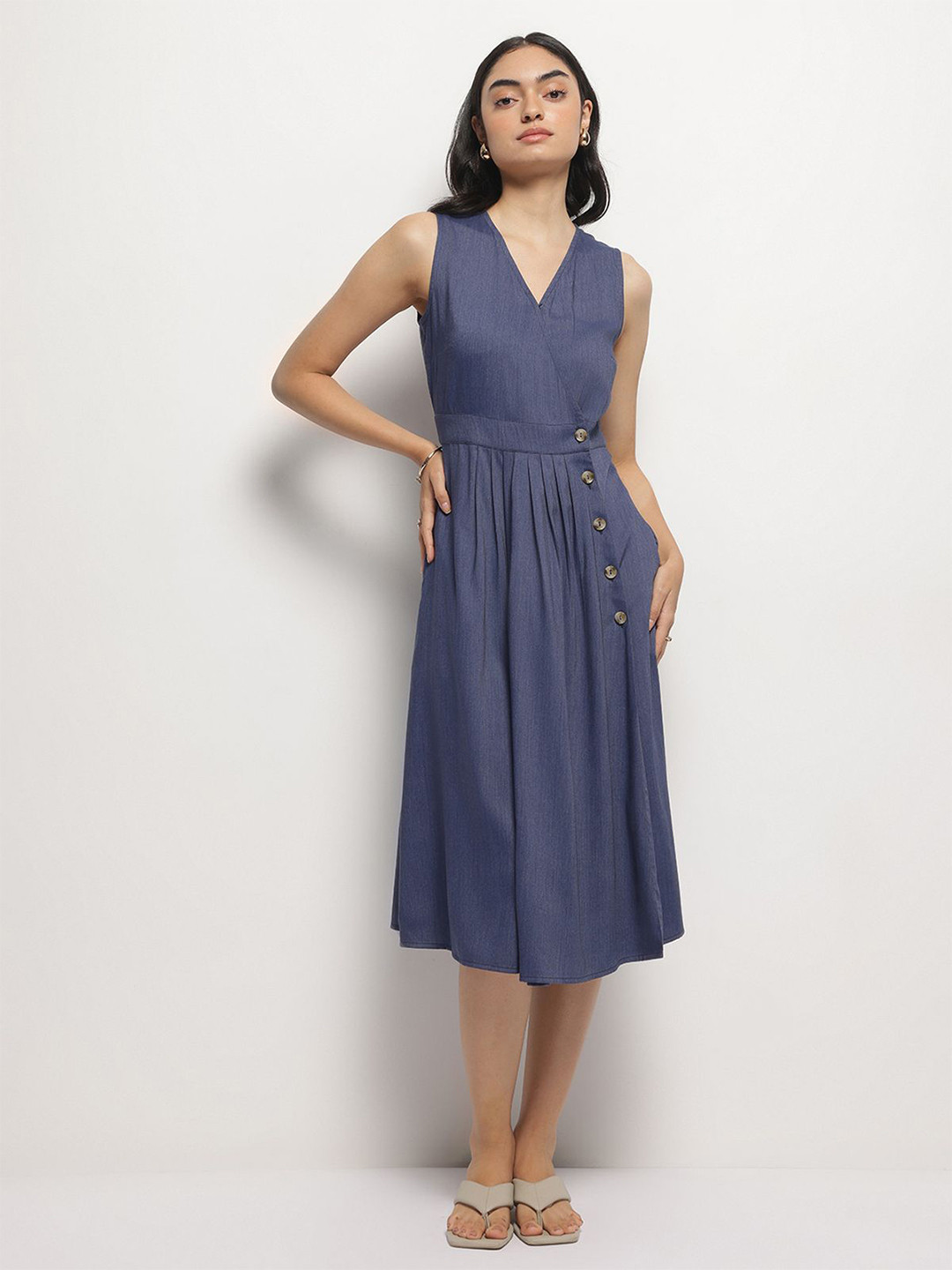 Strong And Brave Women Solid Denim Crepe A-Line Dress