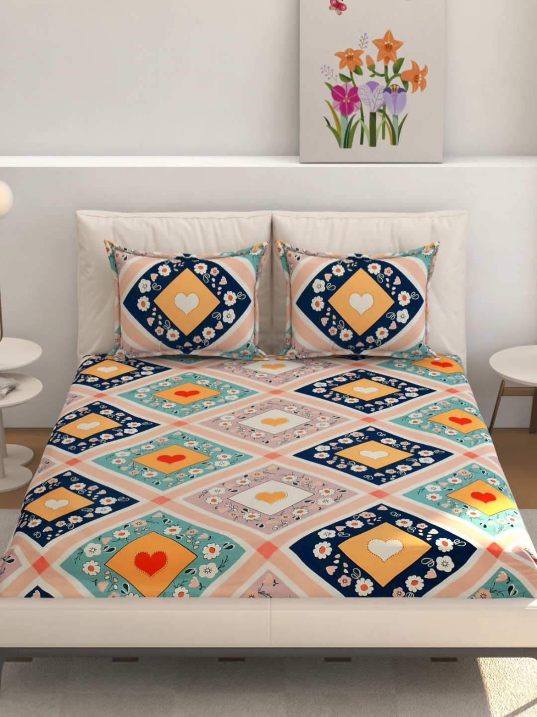 MOGNE FAB Mg-Orchd Peach Floral Cotton 210 TC Fitted King Bedsheet with 2 Pillow Covers-90 x 100 inches