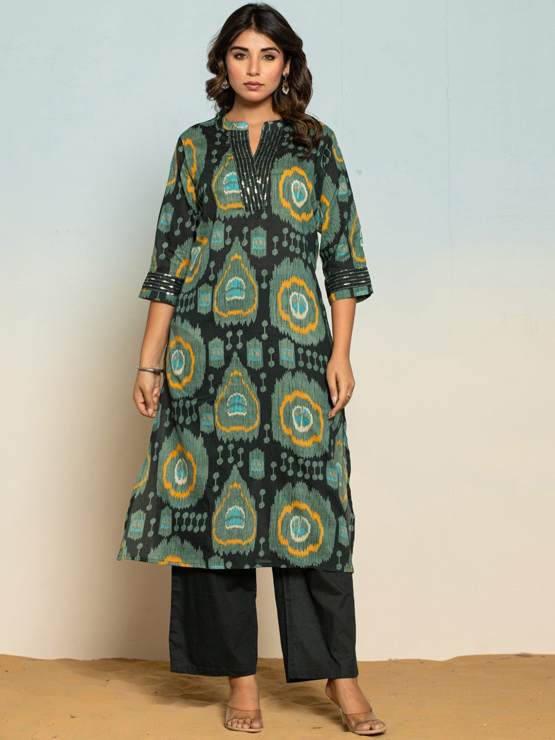 AUTUMN LANE Women Hardik Kaitoke Ikat Printed Cotton Kurta Pant Set