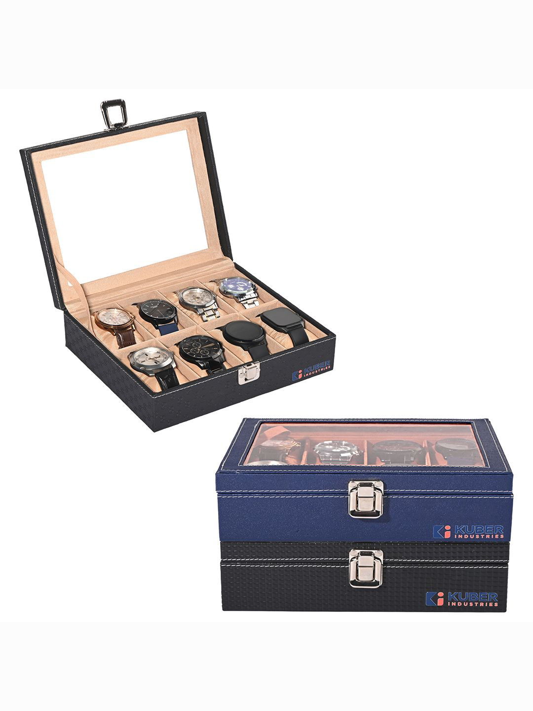 Kuber Industries Set Of 3 Navy Blue & Black 8 Slots Watch Organiser Box