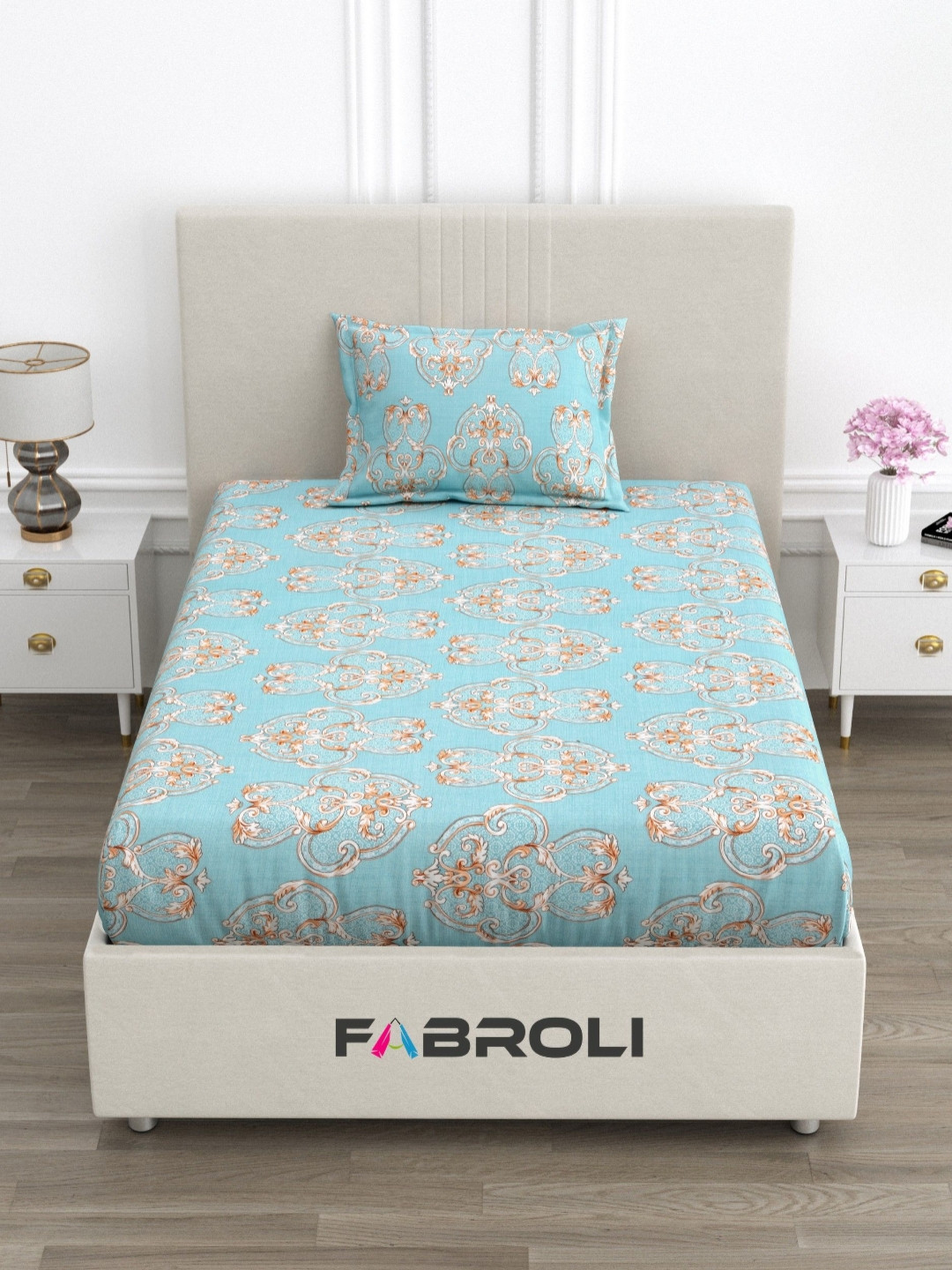 FABROLI Blue Floral Cotton 300 TC Single Superfine Bedsheet with a Pillow Cover-90 x 60 inches