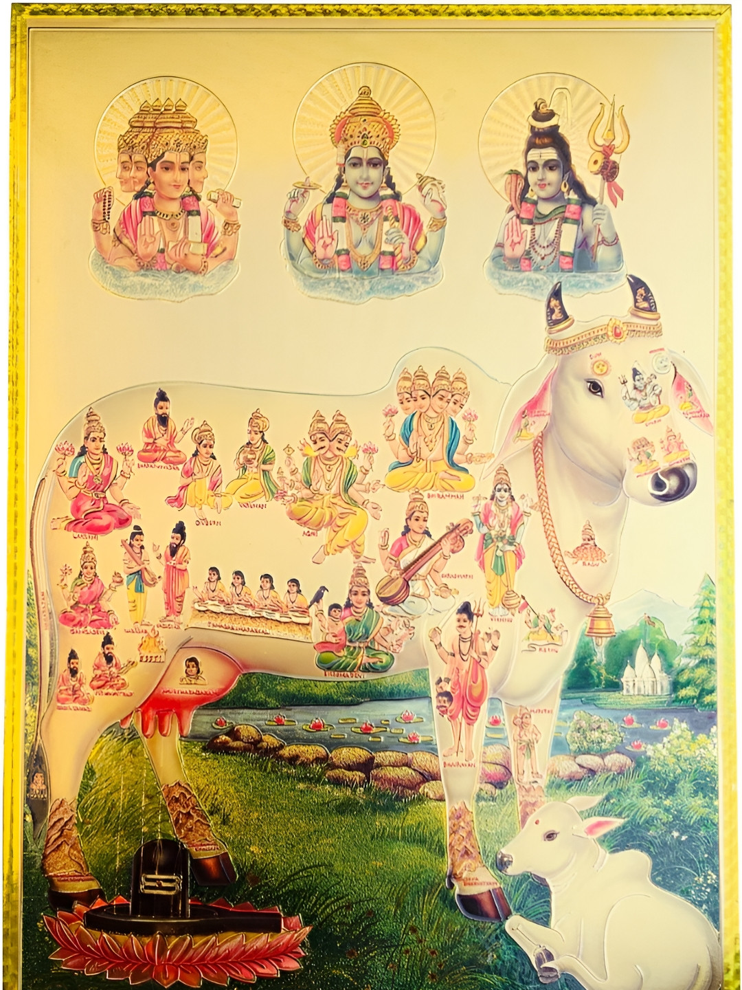 SHOP BY ROOM Gold-Toned & Green Laminated Kamdhenu Cow Wall Art