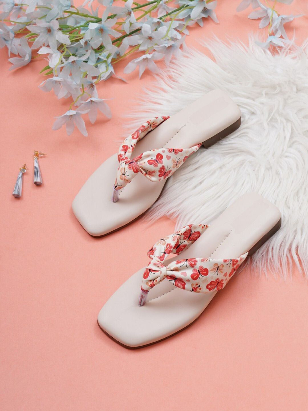 Zoyi Butterfly Printed Knot Design T-Strap Flats