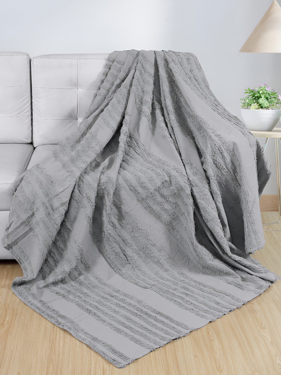 Dolce Casa Grey Striped Tufted Skin-Friendly Soft & Cozy Cotton Sofa Throw
